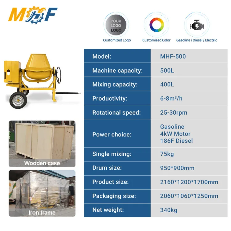 Custom Small Gasoline Concrete Mixer High Performance 500L 2-Wheel Mobile Concrete Mixing Machine — image 3