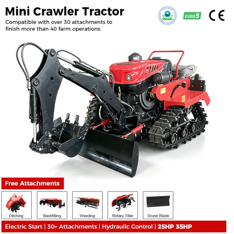 Agricultural Farming Mini Crawler Tractor with Rotary Tiller Cultivator Backhoe and Front Dozer Blade for Orchard Ditch Digging — image 1