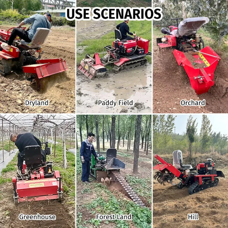 Agricultural Farming Mini Crawler Tractor with Rotary Tiller Cultivator Backhoe and Front Dozer Blade for Orchard Ditch Digging — image 2