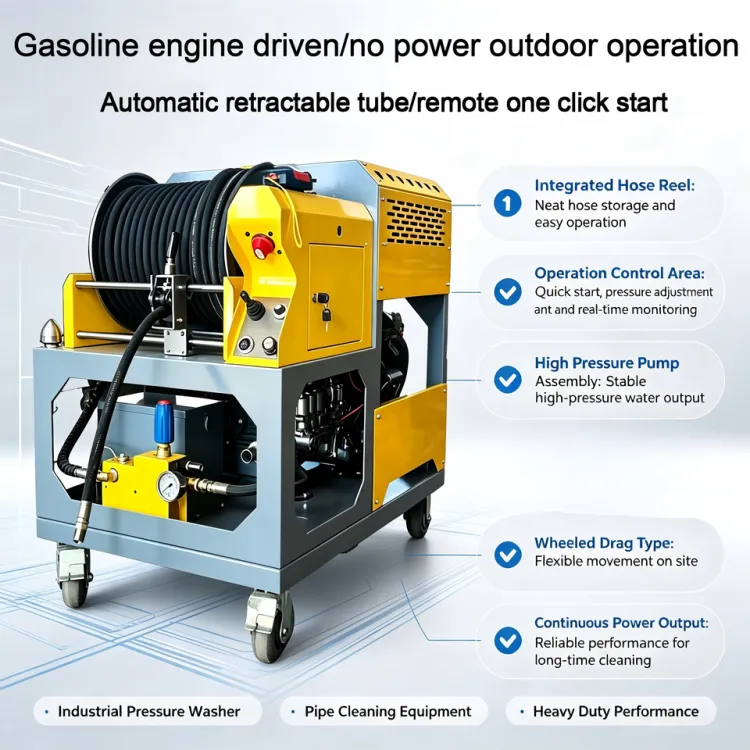Remote Control One-Key Start Gasoline Sewer Jetting Machine with Automatic Hose Reel High Flow Pipe Cleaning Equipment — image 1