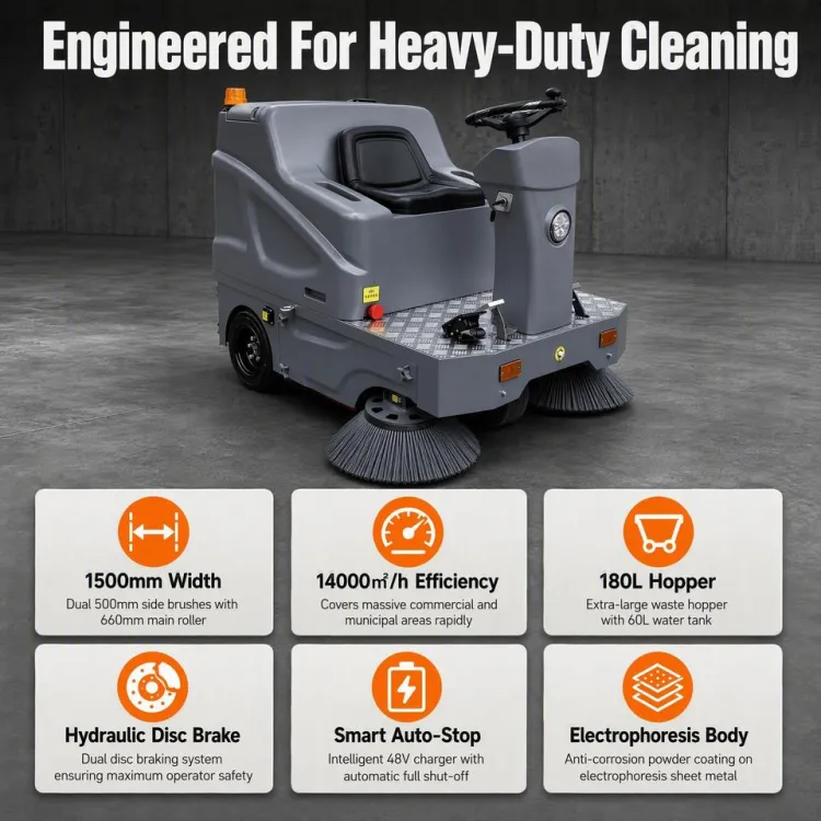 Ride on Road Sweeper S15 1500mm Cleaning Width Electric Industrial Floor Sweeper for Warehouse Parking Lot — image 4