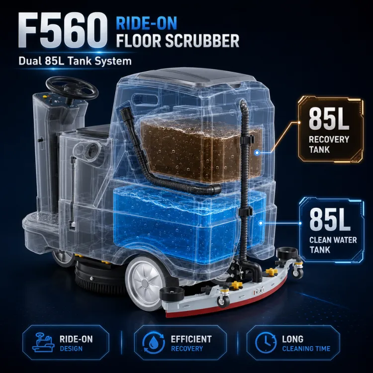 F560 Electric Floor Scrubber Machine Heavy Duty Floor Washing Machine Warehouse 85L Tank Ride on Floor Scrubber — image 5