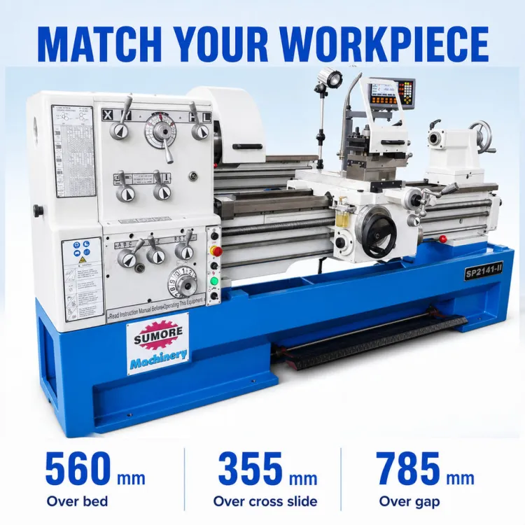 Sumore 2000mm Industrial Gap Bed Engine Lathe SP214/C6256 350mm Bed Width Torno for Shaft and Component Turning — image 2