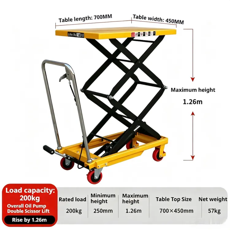 200KG Manual Hydraulic Scissor Lift Platform Trolley 1.26M Lifting Height 4 Wheels Brake Warehouse Material Handling — image 3