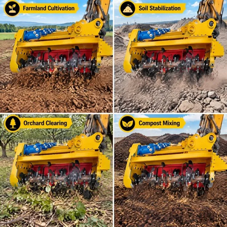 Heavy Duty Hydraulic Rotary Tiller Excavator Cultivator Soil Tillage Attachment for Farmland Orchard Landscaping Construction — image 3