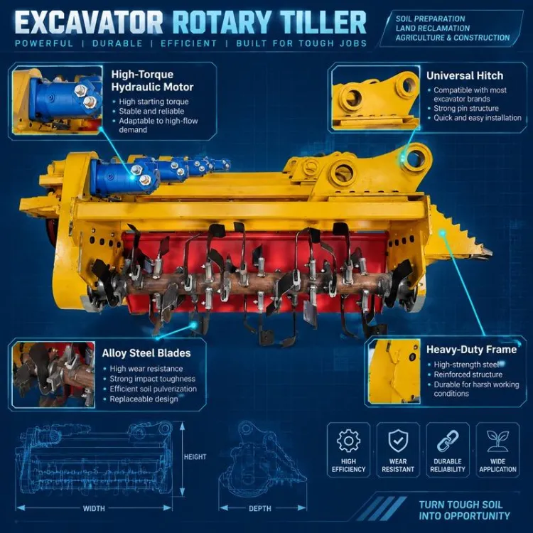Heavy Duty Hydraulic Rotary Tiller Excavator Cultivator Soil Tillage Attachment for Farmland Orchard Landscaping Construction — image 4