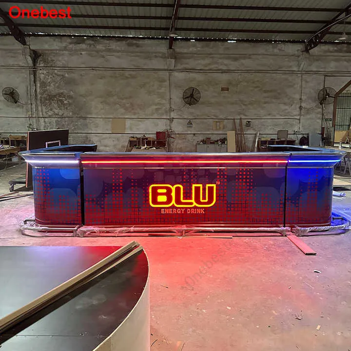 Industrial Design Led Nightclub Hotel Bar Furniture U Shape Round Corner Wood Bar Counter With Stone Countertop — image 5