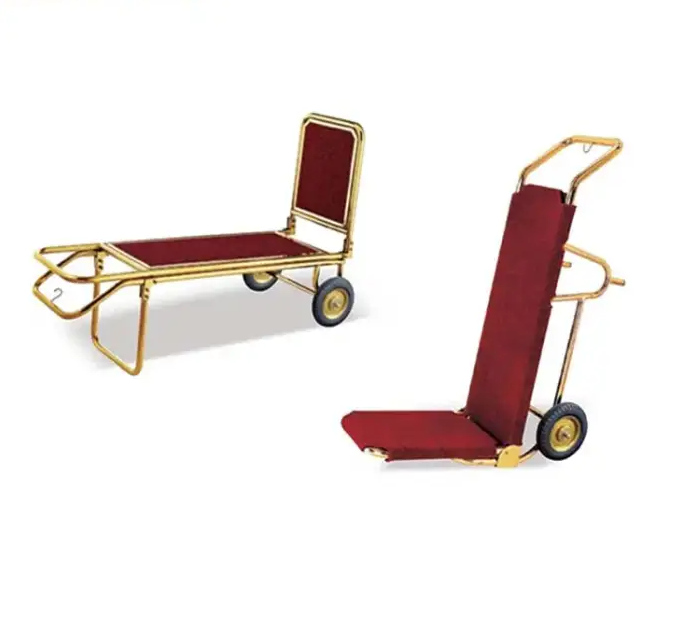 Luxury 5 Star Lobby Banquet Guestroom Service Gold Stainless Steel Luggage Carts Bellman Bellboy Cart Hotel Luggage Trolley Cart