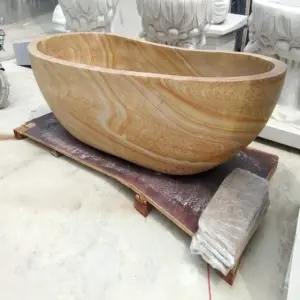 Home Indoor Modern Design Freestanding Hand Carved Bath Tub Beige Marble Stone Bathtub Natural Marble Bathtub