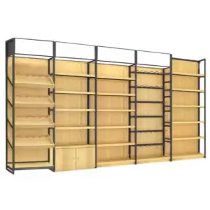 Manufacturer Double Side 5 Layers Flat Back Panel Light Duty Supermarket Shop Store Display Wooden Shelf Shelving Rack