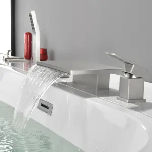 Bathroom 2 Functions Waterfall Deck Mount Hot Cold Water Mixer Bath Tub Faucet Four Holes Brushed Bathtub Faucet