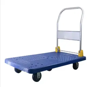 JIN YANG HU Folding Trolley Cart 200kg/400kg/ 600kg Four- Wheel Blue Plastic Hand Cart for Cargo Transportation