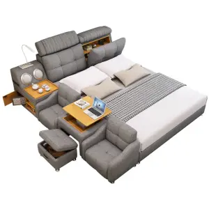 Soft Bed with Massage Chair Coffee Table Soft Bed Bedroom with Bluetooth Speaker Large Storage Space Bed