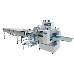 Pillow Automatic Packaging Machinery for Sanitary Napkins, Industrial Parts, Cartons or Trays and Other Regular Objects.