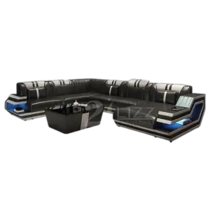 Modern Living Room Furniture Italian Genuine Leather Sofa U-shape Black Leather Sectional