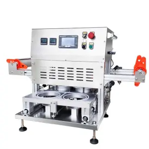 Table Top Plastic Film Box Sealing Machine, 1 Out of 2 square or Rectangle Tray Sealer, Pet Food Container Packaging Machine