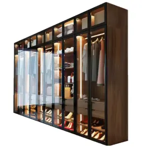 wardrobe wooden wardrobe high glass door with LED Light in bedroom custom cabinets