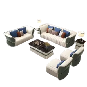Furnistyle Modern European Style Luxury Villa Furniture Modular Genuine Leather Living Room Sets Wood Leather Sofa