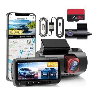 4K+4K Dual Cam Front Rear WIFI GPS Night Vision 170° Wide Angle Dash Cam Video Recorder 24H Parking Mode Black Box ZD72P+64G+HW