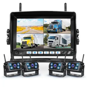 1080P Stable Performance Truck DVR 7'' IPS Quad Screen with 4PC Cordless Camera Dual Antenna Digital Wireless Backup Camera Kit