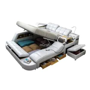 European Style Modern Multifunctional Storage Leather Bed Queen/King Size Tufted Headboard Luxury Tatami Bedroom Furniture