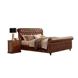 Retro Vintage Genuine Leather king Size Bed Luxury Antique Tufted Tan Leather Wooden Beds America Bedroom Furniture