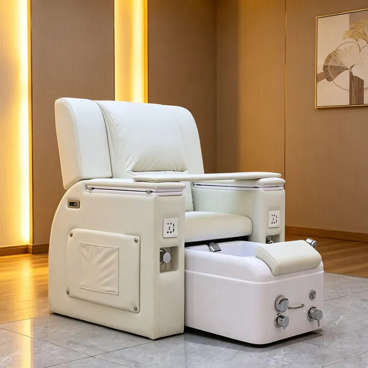 Luxury White Electric Reclining Pedicure Chair with Foot Spa Basin for Nail Salon Beauty
