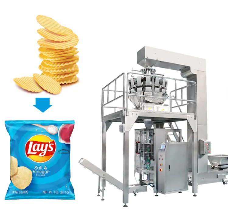 Full Auto Vertical Puffed Food Potato Chips Banana Chips Bags Film Labeling Packing Machine with