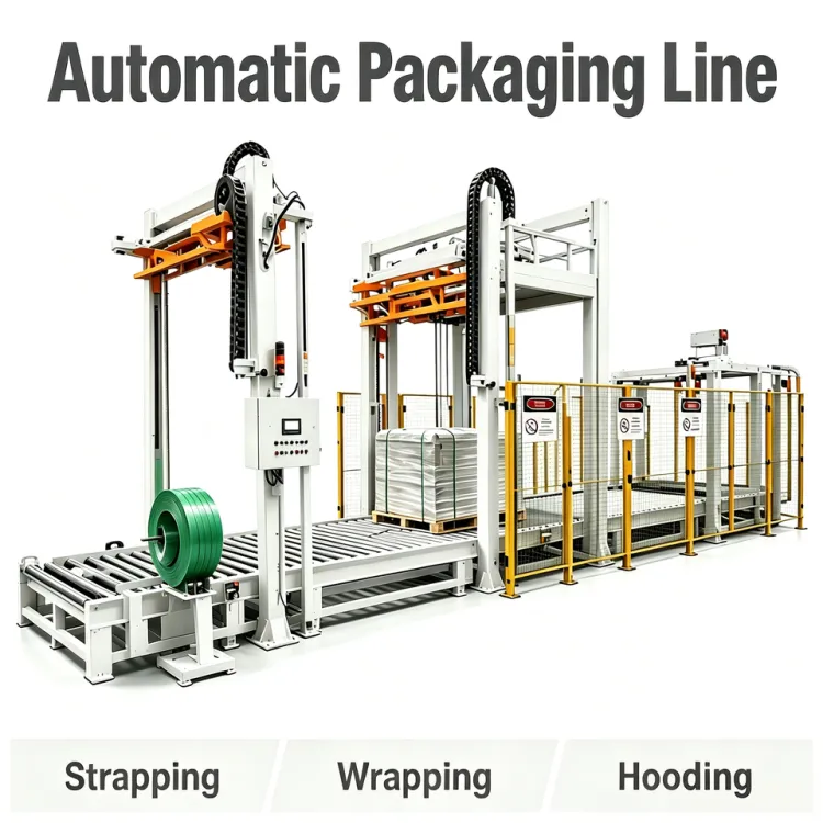 Automatic Pallet Packaging Line Integrated Strapping Wrapping And Hooding System For Warehouse Cargo Packing