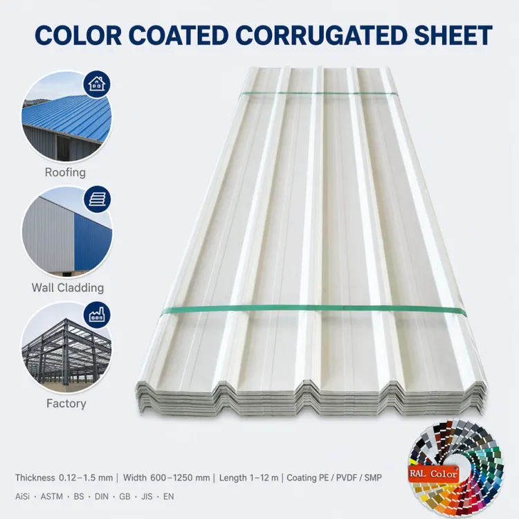 PPGI Wavy Sheet DX51D Ral Color Steel Sheet SPCC SS400 Q195 Q235B SGCH S250GD DX52D 1000-1250mm 20-25um 0.3-1.5mm