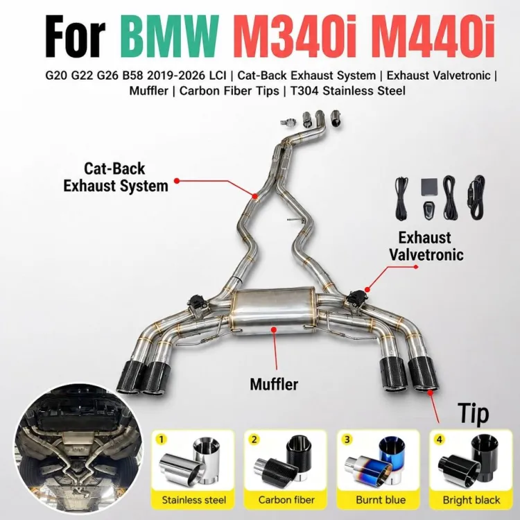 SUS304 Exhaust Performance Muffler for BMW M340i M440i G20 G22 G26 B58 2019-2026 LCI Custom Exhaust Valvetronic Exhaust System