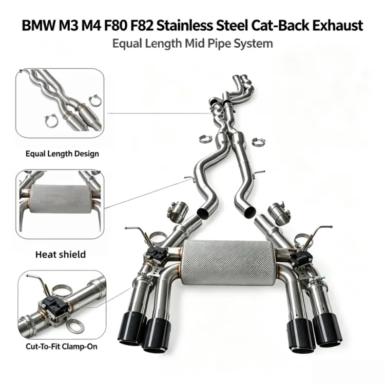 Sus304 Equal-length Exhaust Pipes Muffler for BMW M3 M4 F80 F82 3.0T Exhaust Catback with Valve Controller and Four Tips