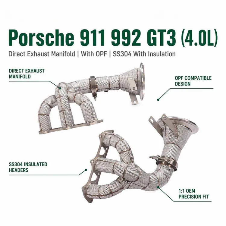 Custom Exhaust Manifold Headers for Porsche 911 992 GT3 4.0L SS304 Insulated Equal Length Design 1:1 OEM Fitment