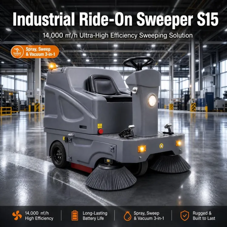 Ride on Road Sweeper S15 1500mm Cleaning Width Electric Industrial Floor Sweeper for Warehouse Parking Lot