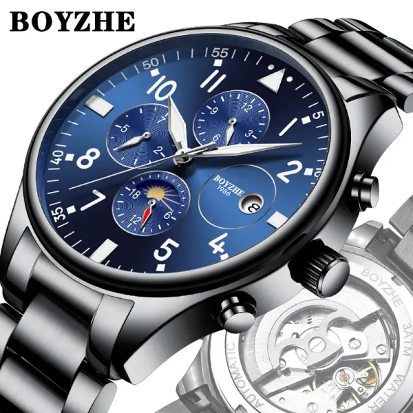 BOYZHE luxury reloj montre stainless steel men wristwatches automatic mechanical watch