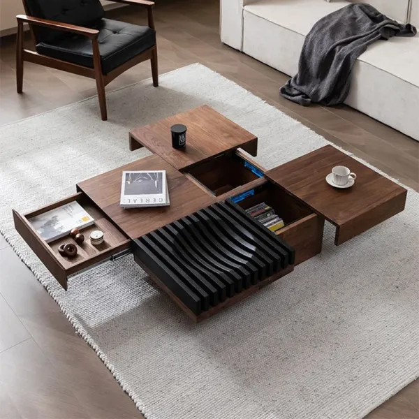 Wooden Coffee Table Set Luxury Modern Walnut Color For Living Room Table With Drawers Coffee Table