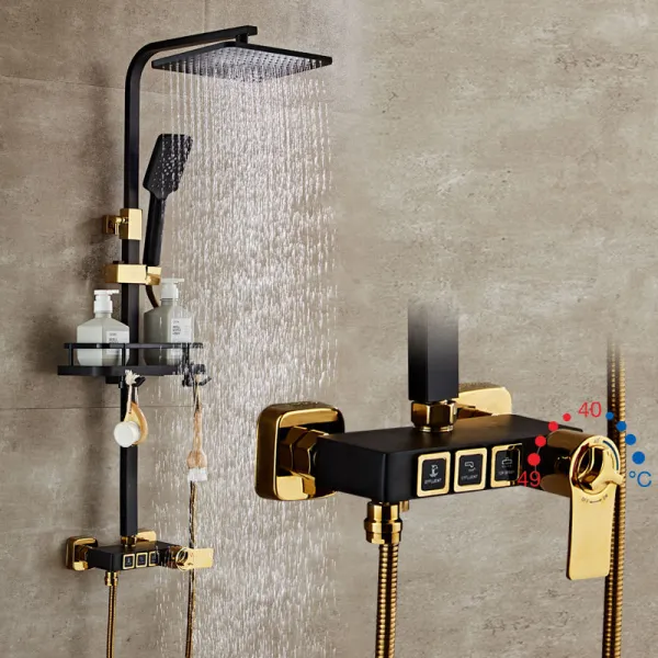 Thermostatic shower set wall-mounted black gold square button shower set with round handle