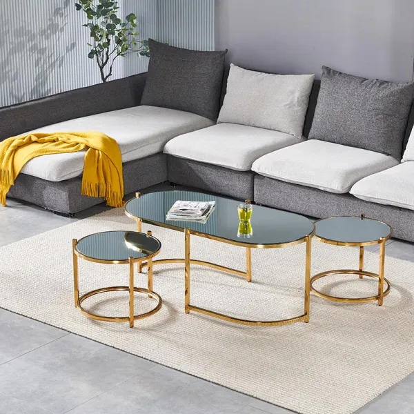 New arrival modern simple italian design Customized Gold Luxury stainless steel glass  Top Side coffee table set