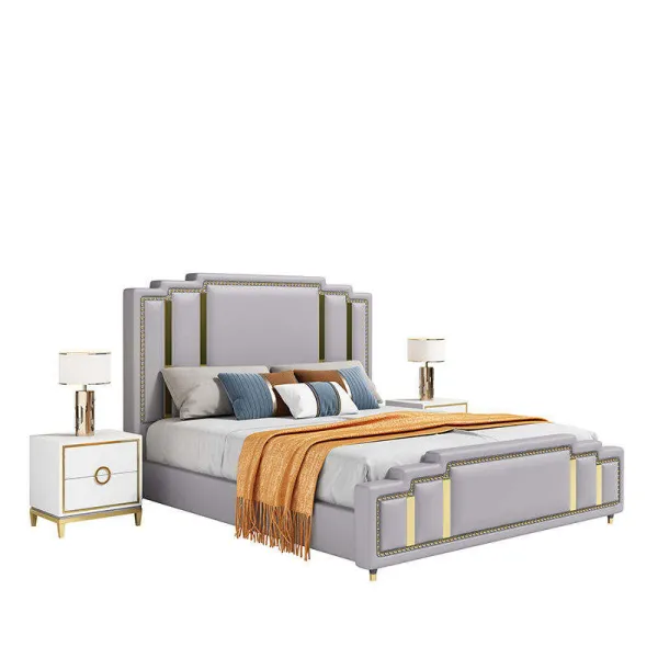 Gold stainless steel frame leather headboard king size home/hotel soft and modern upholstered beds