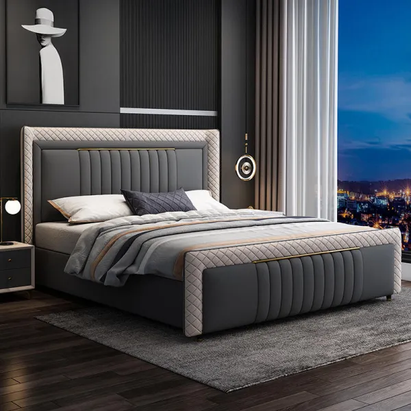 King size luxury hotel bed leather modern bedroom furniture set with storage