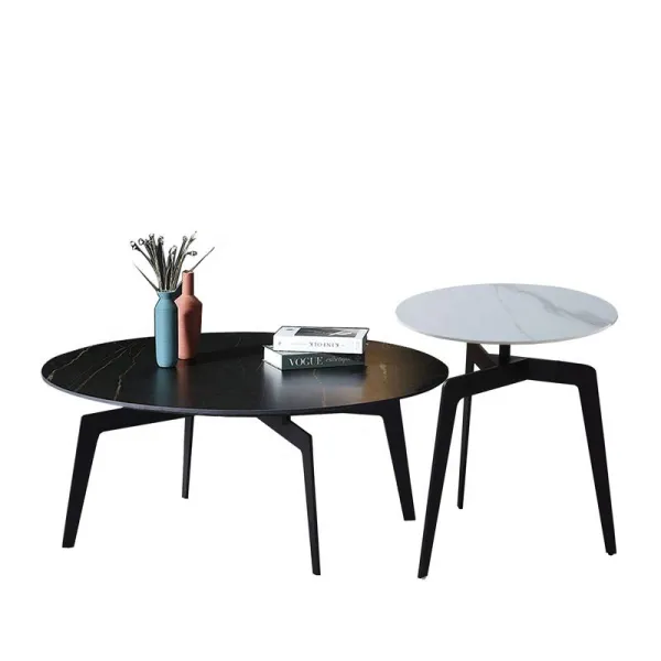 Modern marble coffee table living room furniture round table black Metal leg tea table