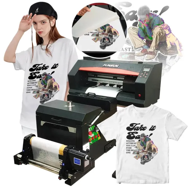 Funsun White Ink Digital Inkjet Heat Transfer Pet Film DTF Printer Printing Machine with Shake Dryer Powder Machine for Fabric