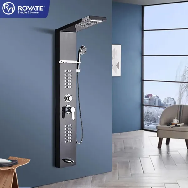 ROVATE Shower Panel Stainless Steel Wall Mounted LED Waterfall System Black Shower Set Bathroom Massage Shower Panel Tower
