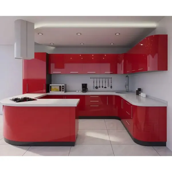 Contemporary Curved Shaped Ready to Assemble red Lacquer Kitchen Cabinets with Island