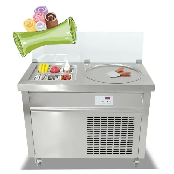 F600 Commercial Single Pan & Amp; 6 Mini Topping Pans Fried Ice Cream Machine 110V 220V Single Thai Stir Fry Ice Cream Rolls Machine