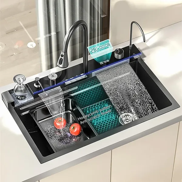 LED Handmade Black 304 Stainless Steel Waterfall Smart Multifunction Kitchen Sink Digital