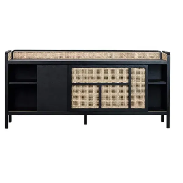 Luxury Black Wood Sideboard Buffet Cabinet With Rattan Door Decoration For Living Room