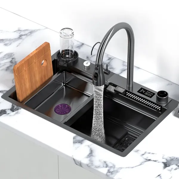 digital countertop luxury high tech undermount black modern waterfall multifunction smart stainless steel sink kitchen
