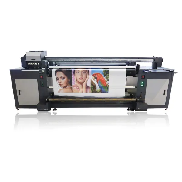 Hybrid UV printer UV roll to roll and flatbed print UV wide format transparent glass sticker leather cotton fabric printer