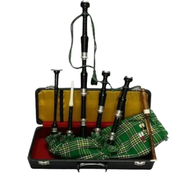 Full size Scottish bagpipe with silver mount and black Irish tartan  with hard case